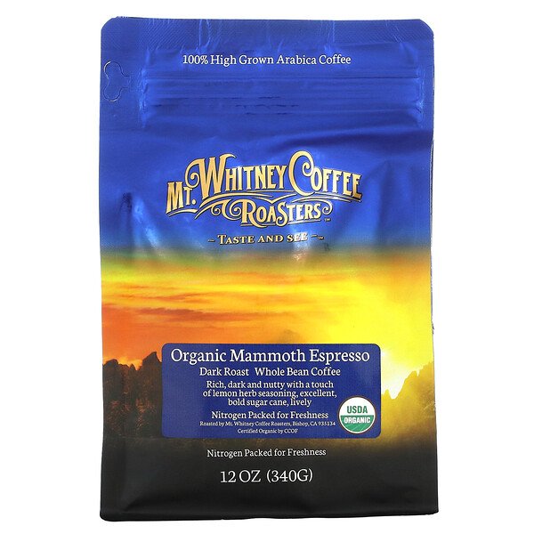 Organic Mammoth Espresso, Кофе из цельных зерен, темная обжарка, 12 унций (340 г) Mt. Whitney Coffee Roasters