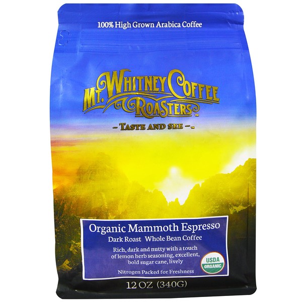 Organic Mammoth Espresso, Кофе из цельных зерен, темная обжарка, 12 унций (340 г) Mt. Whitney Coffee Roasters