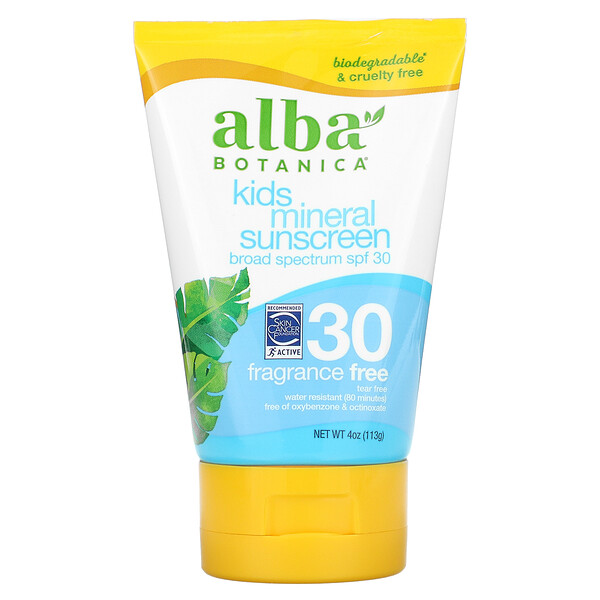 Kids, Минеральный солнцезащитный крем, SPF 30, без запаха, 4 унции (113 г) Alba Botanica