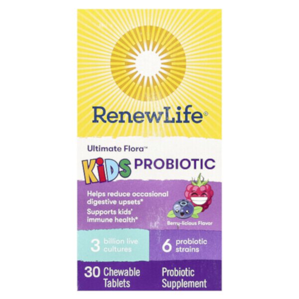 Ultimate Flora, Kids Probiotic, Berry-licious, 3 Billion Live Cultures, 30 Chewable Tablets (Жевательные таблетки) Renew Life