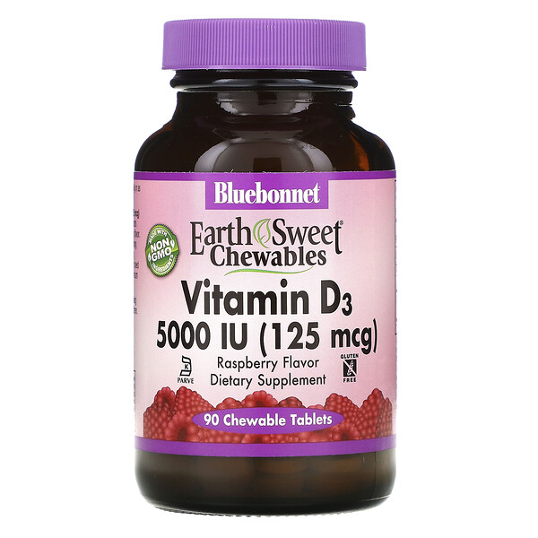 Витамин D3, малина, 5000 МЕ (125 мкг), 90 жевательных таблеток Bluebonnet Nutrition