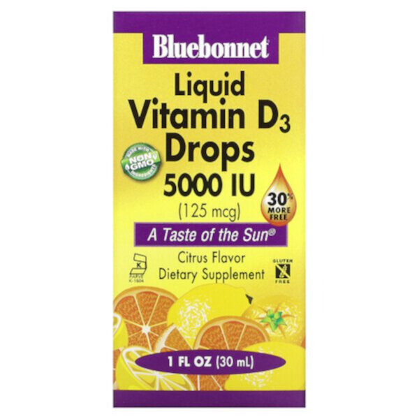 Жидкий витамин D3 в каплях, натуральный цитрусовый вкус, 5000 МЕ, 1 жидкая унция (30 мл) Bluebonnet Nutrition