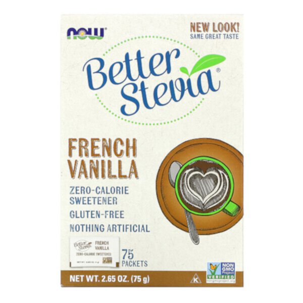 BetterStevia, Подсластитель с нулевой калорийностью, французская ваниль, 75 пакетиков по 1 г каждый NOW Foods