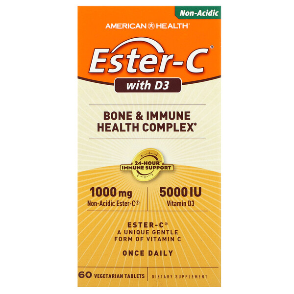 Ester-C с D3, 60 вегетарианских таблеток, 1000 мг, 5000 МЕ American Health