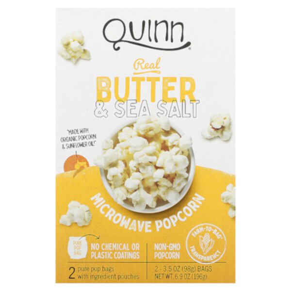 Попкорн для микроволновки, настоящее масло и морская соль, 2 пакетика по 3,5 унции (98 г) каждый Quinn Popcorn