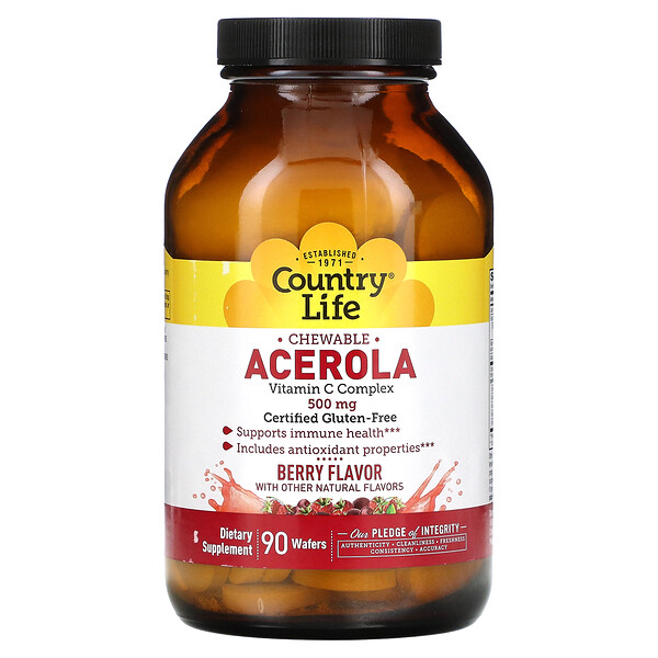 Жевательная ацерола, комплекс витамина С, ягоды, 500 мг, 90 вафель Country Life