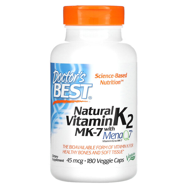 Натуральный витамин K2 MK-7 с MenaQ7, 45 мкг, 180 вегетарианских капсул Doctor's Best
