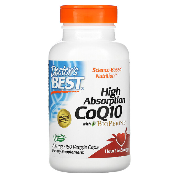 CoQ10 с высокой усвояемостью и BioPerine, 200 мг, 180 вегетарианских капсул - Doctor's Best Doctor's Best