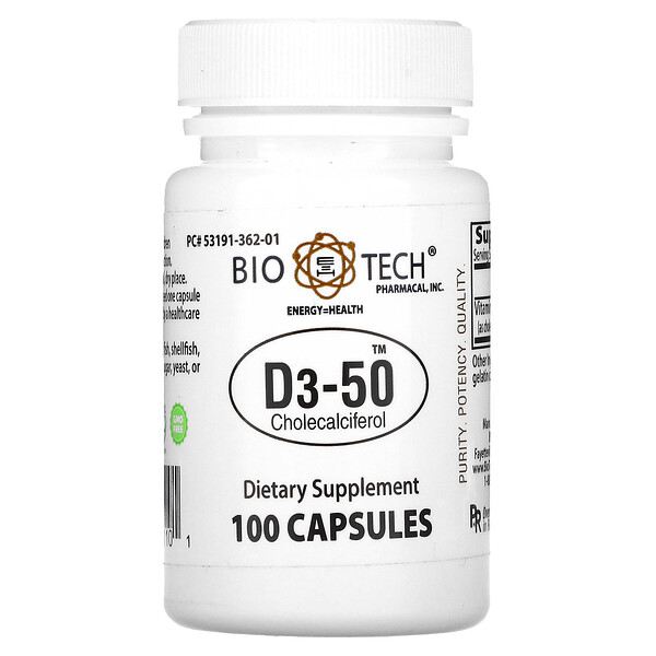 D3-50, Холекальциферол, 100 капсул Bio Tech Pharmacal