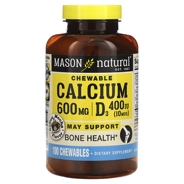 Chewable Calcium + D3, Coffee Mocha , 600 mg, 100 Chewables (Жевательные таблетки) Mason Natural