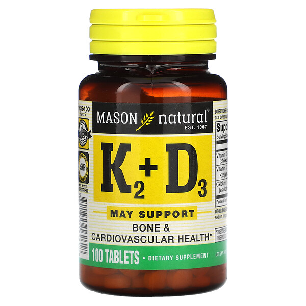 Витамин K2 плюс Витамин D3 - 100 таблеток - Mason Natural Mason Natural
