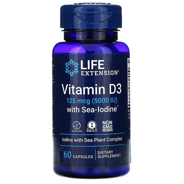 Витамин D3 с морским йодом, 125 мкг (5000 МЕ), 60 капсул Life Extension