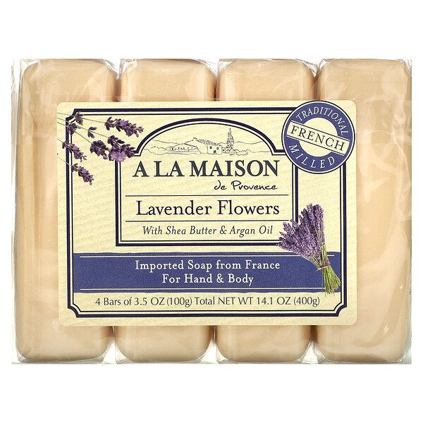 Мыло для рук и тела, цветки лаванды, 4 куска, 3,5 унции (100 г) каждый A La Maison