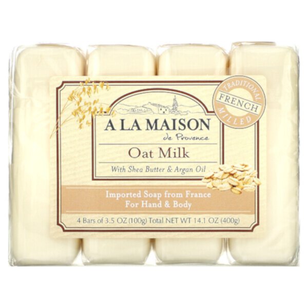 Мыло для рук и тела, овсяное молочко, 4 куска, 3,5 унции (100 г) каждый A La Maison