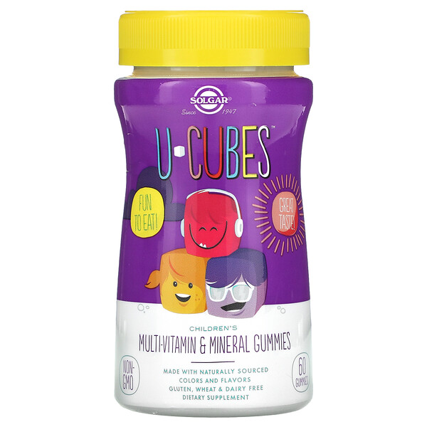 U-Cubes, Мультивитаминные и минеральные жевательные конфеты для детей, вишня и апельсин, 60 жевательных конфет Solgar