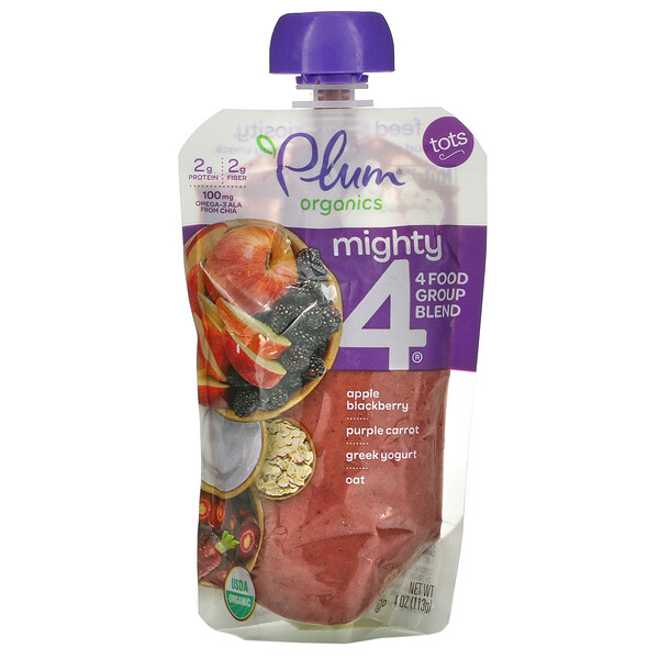 Mighty 4, 4 Food Group Blend, Tots, яблоко, ежевика, пурпурная морковь, греческий йогурт, овес, 4 унции (113 г) Plum Organics