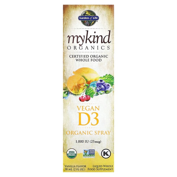 MyKind Organics, Vegan D3 Organic Spray (Спрей), Vanilla, 25 mcg (1,000 IU), 2 fl oz (Жидкие унции) (58 ml) Garden of Life