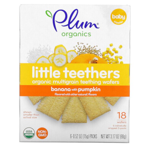 Little Teethers, Органические мультизерновые вафли для прорезывания зубов, банан с тыквой, 6 упаковок по 0,52 унции (15 г) каждая Plum Organics