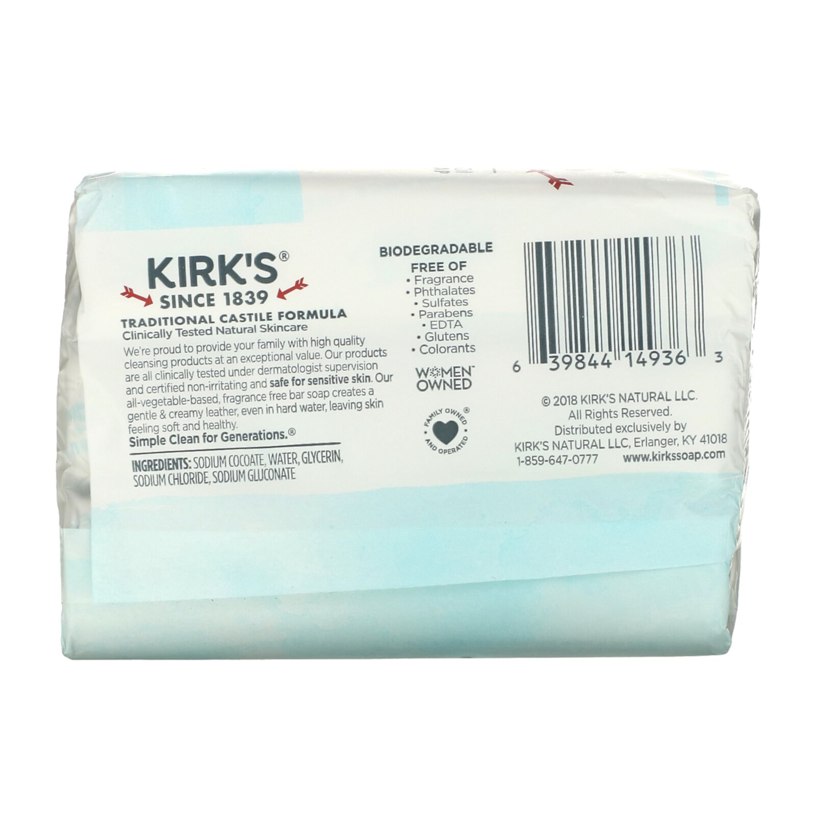 Мягкое кастильское мыло на 100% кокосового масла премиум-класса, без отдушек, 3 бруска по 4 унции (113 г) каждый Kirk's