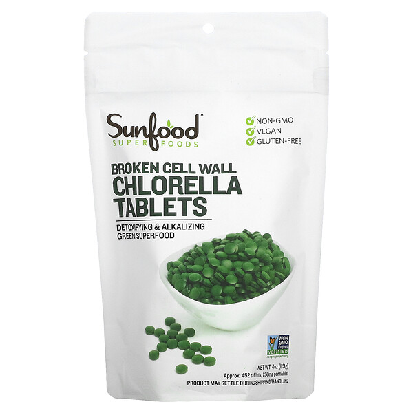 Broken Cell Wall Chlorella Tablets (Таблетки), 250 mg, 452 Tablets, 4 oz (Унции) (113 g) Sunfood