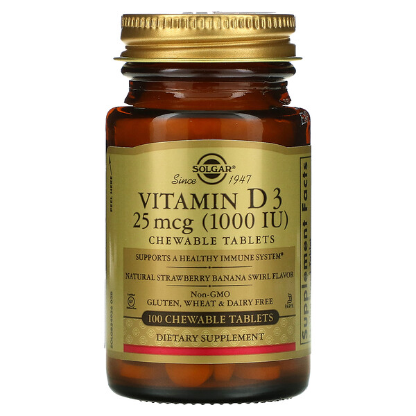 Витамин D3, натуральный клубнично-банановый вихревой вкус, 25 мкг (1000 МЕ), 100 жевательных таблеток Solgar