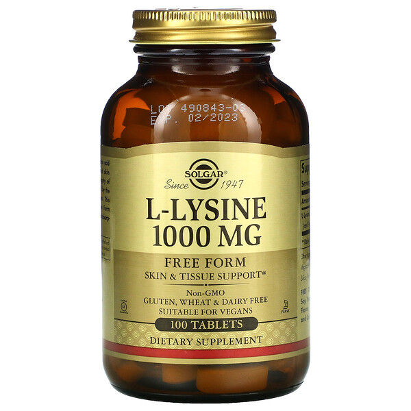 L-лизин, в свободной форме, 1000 мг, 100 таблеток Solgar