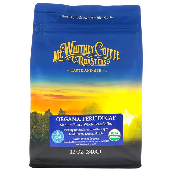 Organic Peru Decaf, Цельные бобы средней обжарки, 12 унций (340 г) Mt. Whitney Coffee Roasters