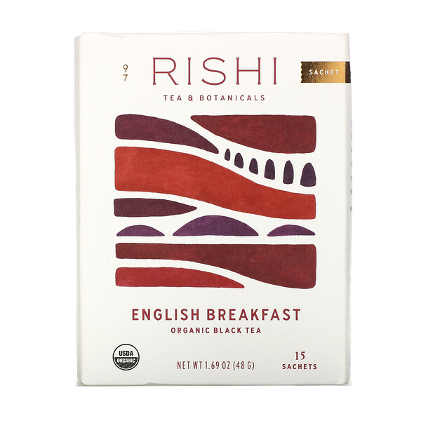Органический черный чай, английский завтрак, 15 пакетиков, 1,69 унции (48 г) Rishi Tea