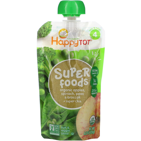 Happytot, Superfoods, этап 4. Органические яблоки, шпинат, горох и брокколи + суперчиа, 4,22 унции (120 г) Happy Family Organics