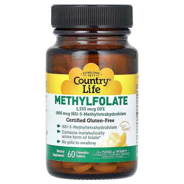 Methylfolate, Оранжевый, 1333 мкг DFE, 60 жевательных таблеток - Country Life Country Life