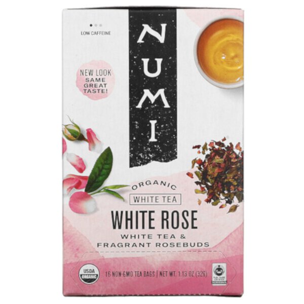 Органический белый чай, белая роза, 16 чайных пакетиков без ГМО, 1,13 унции (32 г) Numi Tea
