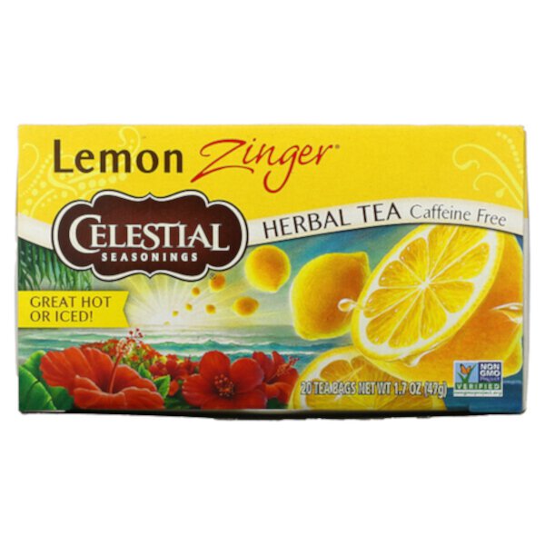 Herbal Tea, Lemon Zinger, без кофеина, 20 чайных пакетиков, 1,7 унции (47 г) Celestial Seasonings