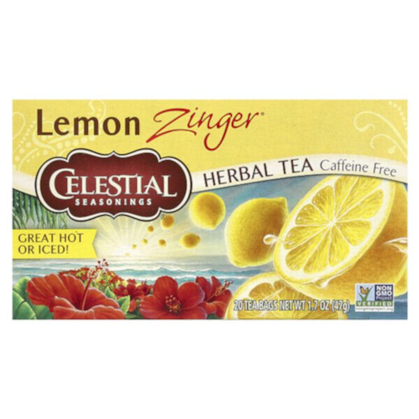 Herbal Tea, Lemon Zinger, без кофеина, 20 чайных пакетиков, 1,7 унции (47 г) Celestial Seasonings