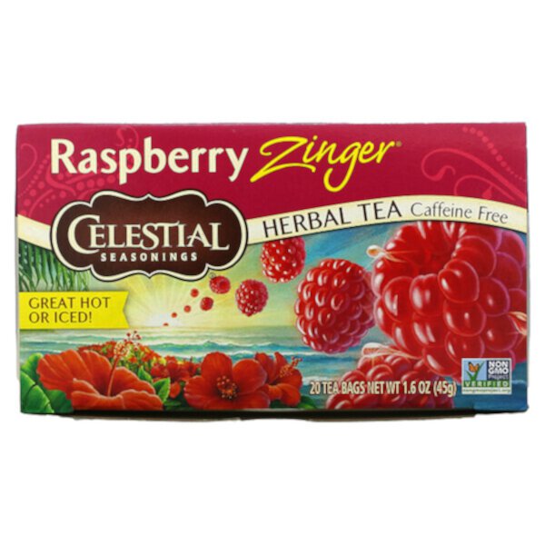 Herbal Tea, Raspberry Zinger, без кофеина, 20 чайных пакетиков, 1,6 унции (45 г) Celestial Seasonings