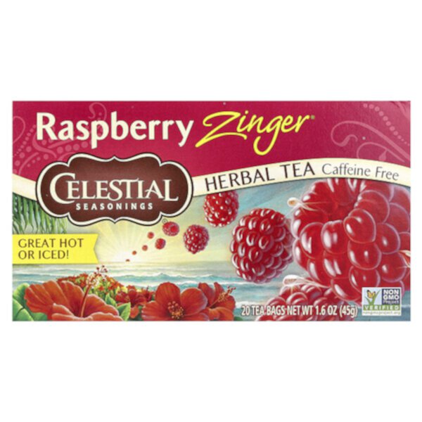 Herbal Tea, Raspberry Zinger, без кофеина, 20 чайных пакетиков, 1,6 унции (45 г) Celestial Seasonings