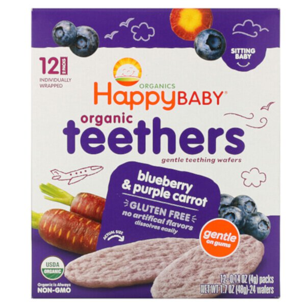 Organic Teethers, Нежные вафли для прорезывания зубов, Sitting Baby, черника и фиолетовая морковь, 12 упаковок по 0,14 унции (4 г) каждая Happy Family Organics
