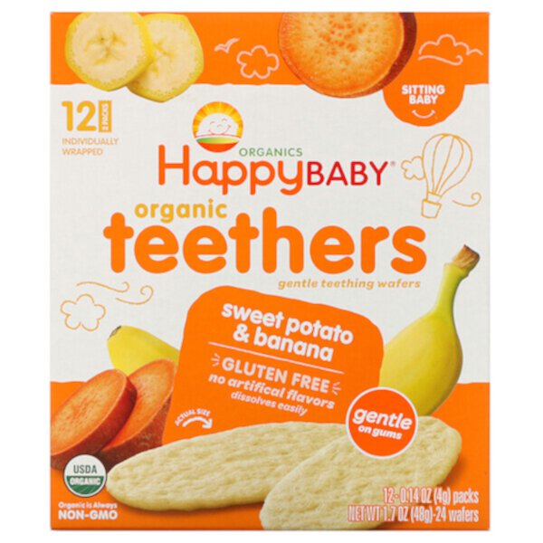 Organic Teethers, Нежные вафли для прорезывания зубов, Sitting Baby, сладкий картофель и банан, 12 упаковок по 0,14 унции (4 г) каждая Happy Family Organics