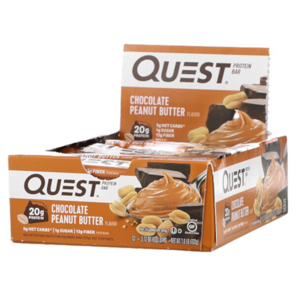 Протеиновый батончик, Шоколадно-арахисовое масло, 12 батончиков, 2,12 унции (60 г) каждый Quest Nutrition