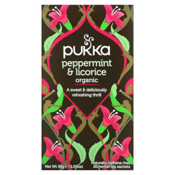 Органический травяной чай, мята и лакрица, без кофеина, 20 пакетиков по 0,05 унции (1,5 г) каждый Pukka Herbs