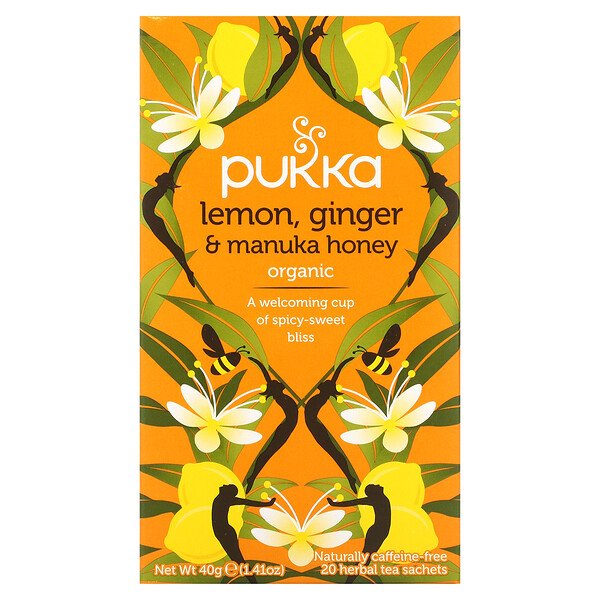 Органический травяной чай, лимонный имбирь и мед манука, без кофеина, 20 пакетиков по 0,07 унции (2 г) каждый Pukka Herbs