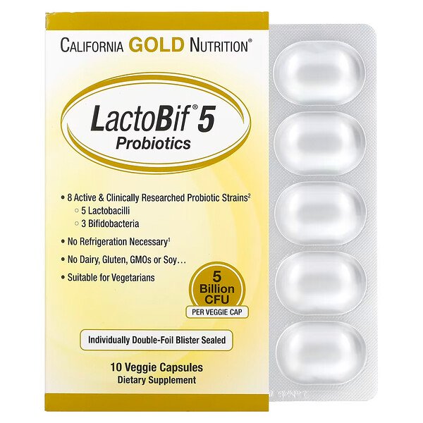 LactoBif Probiotics, 5 миллиардов КОЕ, 10 растительных капсул California Gold Nutrition
