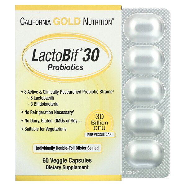 LactoBif Probiotics, 30 миллиардов КОЕ, 60 растительных капсул California Gold Nutrition