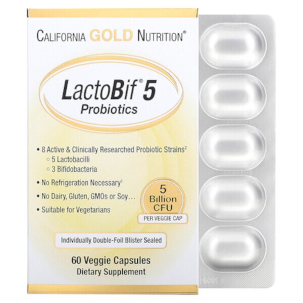 LactoBif Probiotics, 5 миллиардов КОЕ, 60 растительных капсул California Gold Nutrition