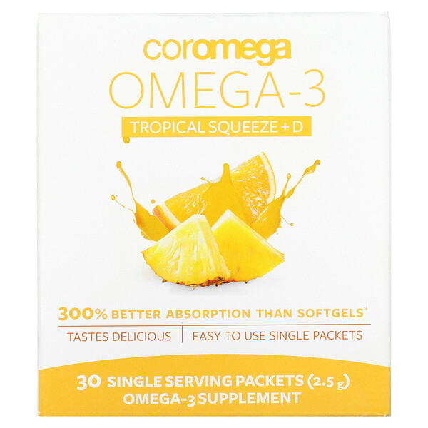 Omega-3 Squeeze, Tropical Squeeze+D, 30 пакетиков на одну порцию по 2,5 г каждый Coromega