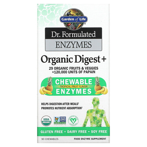 Dr. Formulated Enzymes, Organic Digest +, Tropical Fruit , 90 Chewables (Жевательные таблетки) Garden of Life