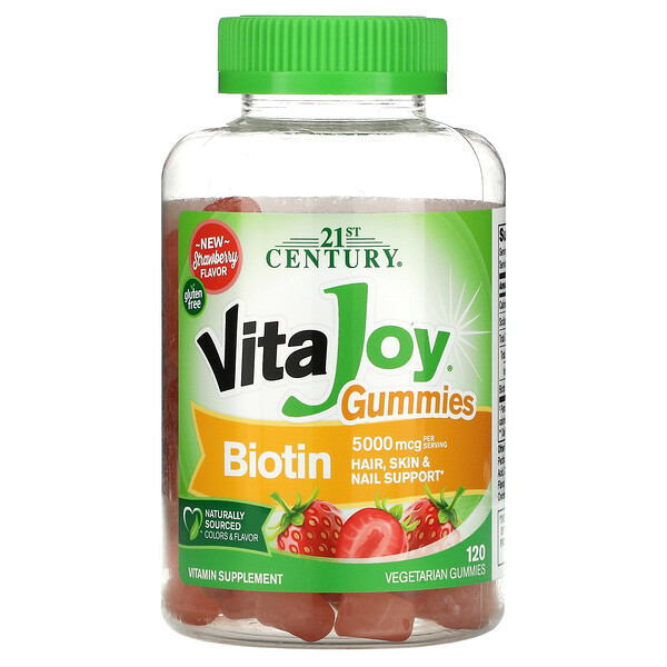 VitaJoy жевательные таблетки с биотином, со вкусом клубники, 5000 мкг, 120 вегетарианских жевательных конфет (2500 мкг на жевательную конфету) 21st Century