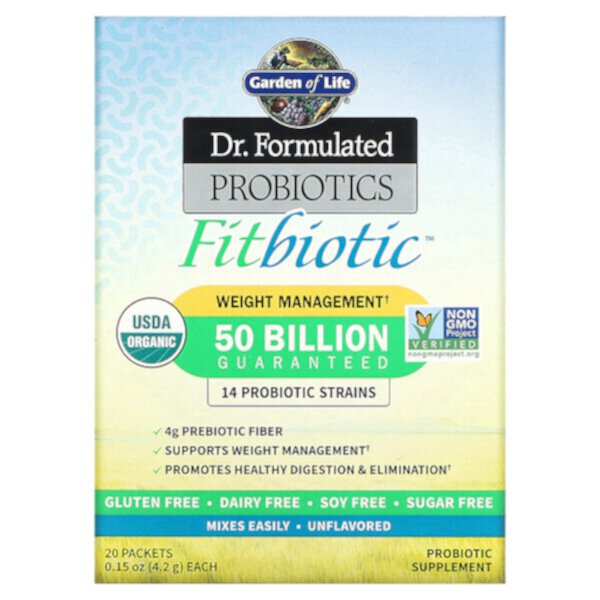 Organic, Пробиотики Dr. Formulated Fitbiotic, без вкуса, 20 пакетиков по 0,15 унции (4,2 г) каждый Garden of Life