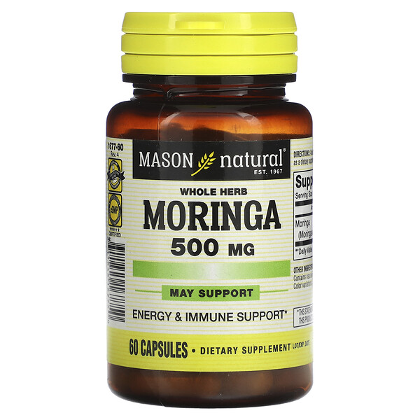 Цельная трава моринги, 500 мг, 60 капсул Mason Natural
