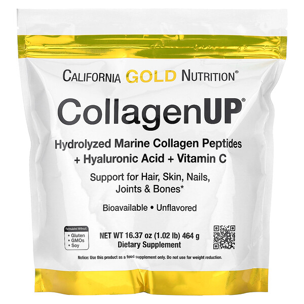 CollagenUP, Гидролизованный Морской Коллаген с Гиалуроновой Кислотой и Витамином С, Без Вкуса - 464 г - California Gold Nutrition California Gold Nutrition