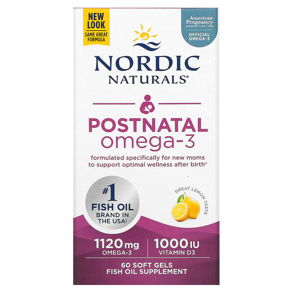 Послеродовые Омега-3, Лимон, 1120 мг, 60 мягких таблеток (560 мг на мягкую желатиновую капсулу) Nordic Naturals